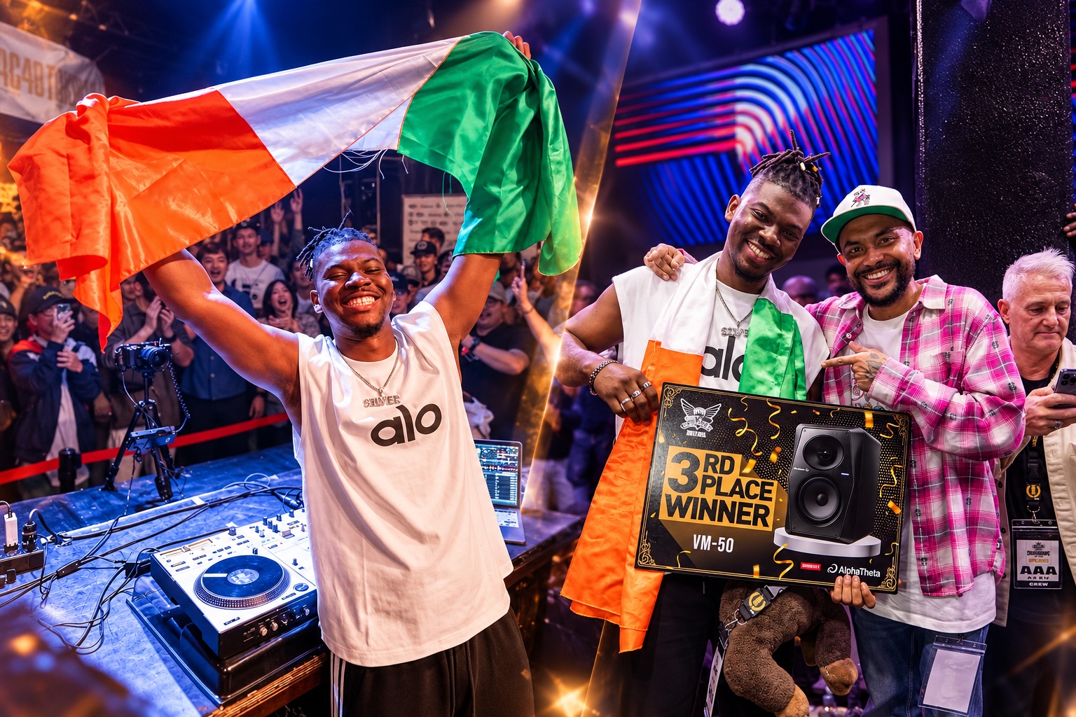 Montage de SILVER DJ au DMC World Tokyo avec le drapeau ivoirien et son prix